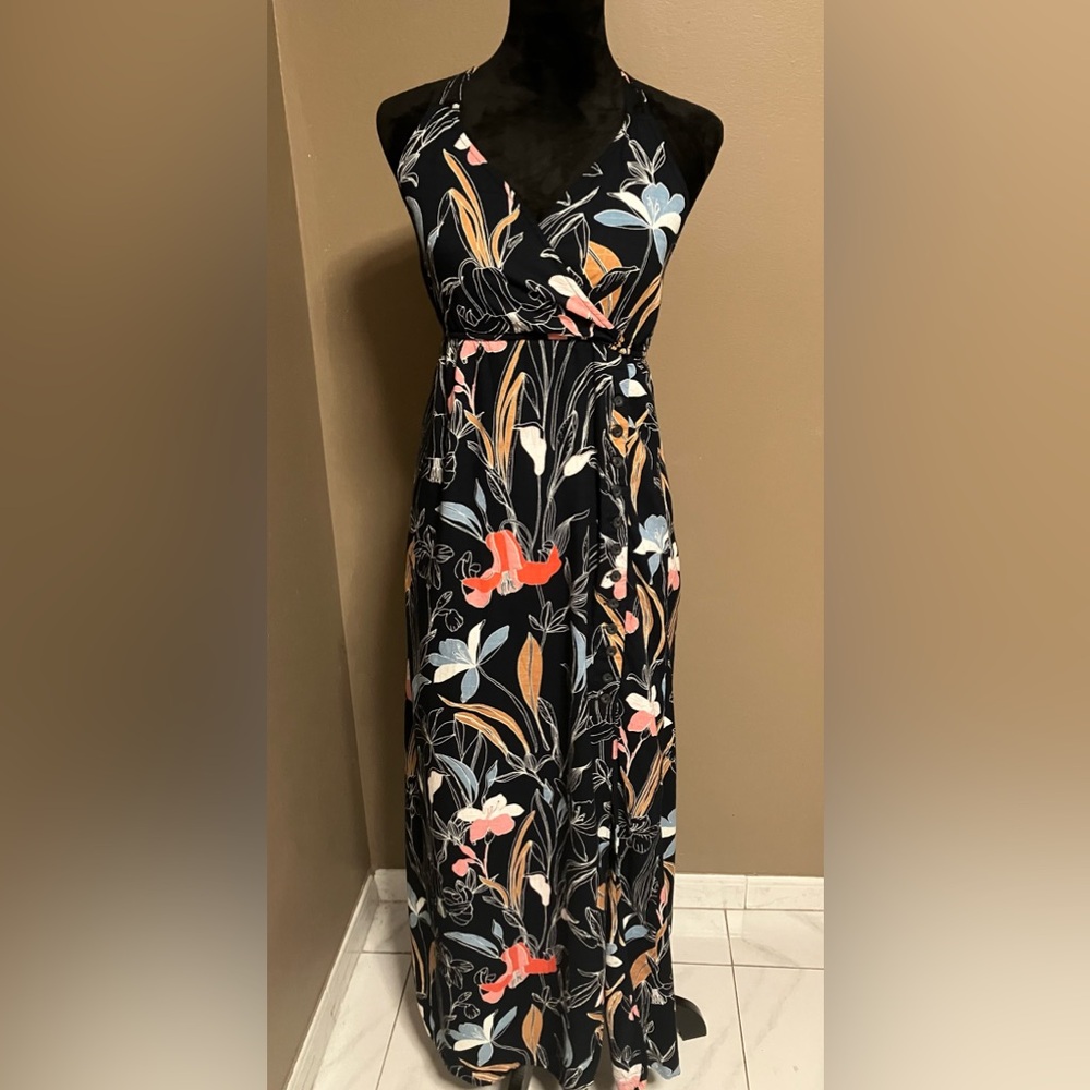 O’Neill Hawaiian Floral Boho Maxi Halter Dress Summer Surf Size S Vacation Beach
